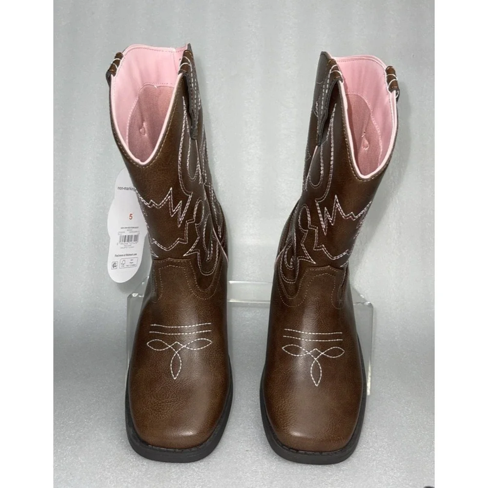 Wonder‎ Nation Brown Pull-on Square Toe Cowboy Cowgirl Boots Big Girls Size 5